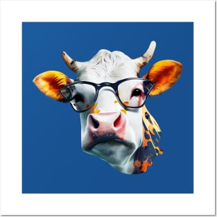 Funky Cow with Glasses, Watercolor Painting Posters and Art